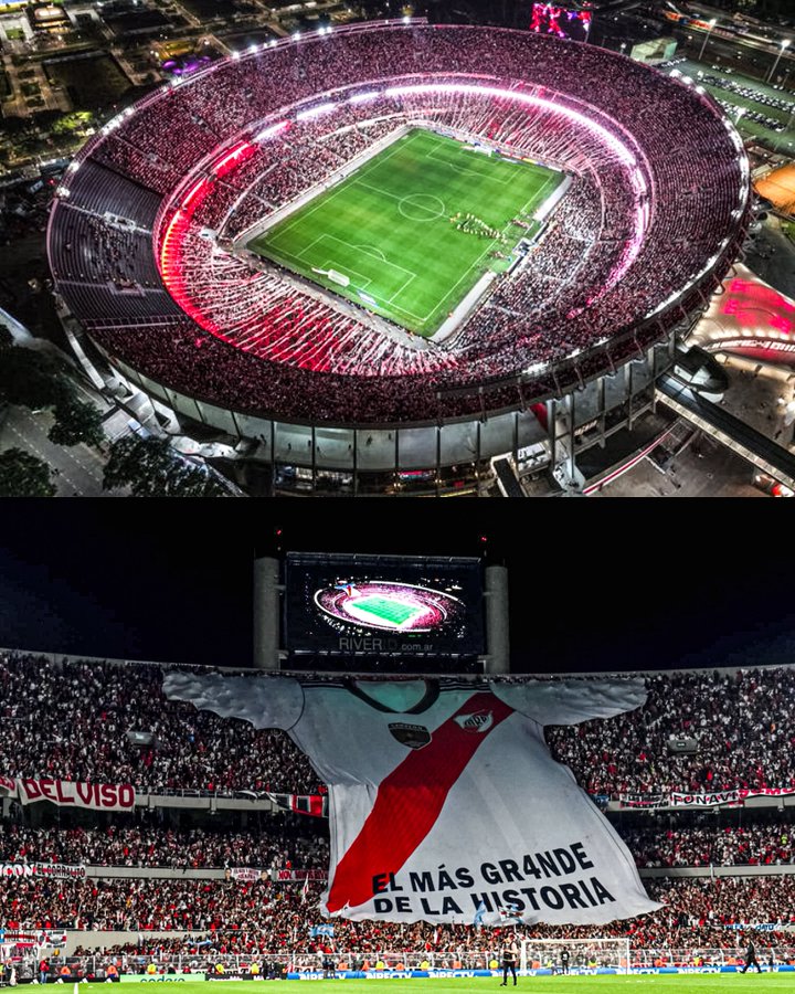 Recebimento que a torcida do River Plate prepara para o jogo contra o Palmeiras. 

- Ruas de fogo fora do estádio.
- 44 mil balões vermelhos e brancos dentro do estádio. 
- 200 tiras (fitas) nas 4 bancadas.  
- Muita fumaça colorida. 
- A camiseta gigante com a legenda: 'O maior