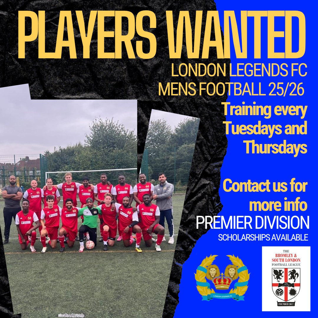 Legends First (@londonlegendsmf) on Twitter photo Looking for a new club?
Step 6/7 preferred.
First team and second team players wanted.
Contact us and join one of our training sessions on Tuesdays and Thursdays.
<a href="/BASLFL/">B&SL Football league</a> <a href="/KCFL1516/">Kent County FL News</a> <a href="/Player1stUK/">Players 1st UK</a> Looking for a new club?
Step 6/7 preferred.
First team and second team players wanted.
Contact us and join one of our training sessions on Tuesdays and Thursdays.
<a href="/BASLFL/">B&SL Football league</a> <a href="/KCFL1516/">Kent County FL News</a> <a href="/Player1stUK/">Players 1st UK</a>