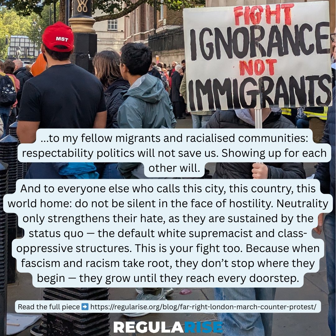 110,000 far-right &amp; anti-migrant voices flooded London. We were outnumbered 20:1 — kettled for hours — but we showed up. Statements don’t outnumber fascists. Bodies on the streets do. Next time — &amp; there will be a next time — show up. Our founders words⬇️
regularise.org/blog/far-right…