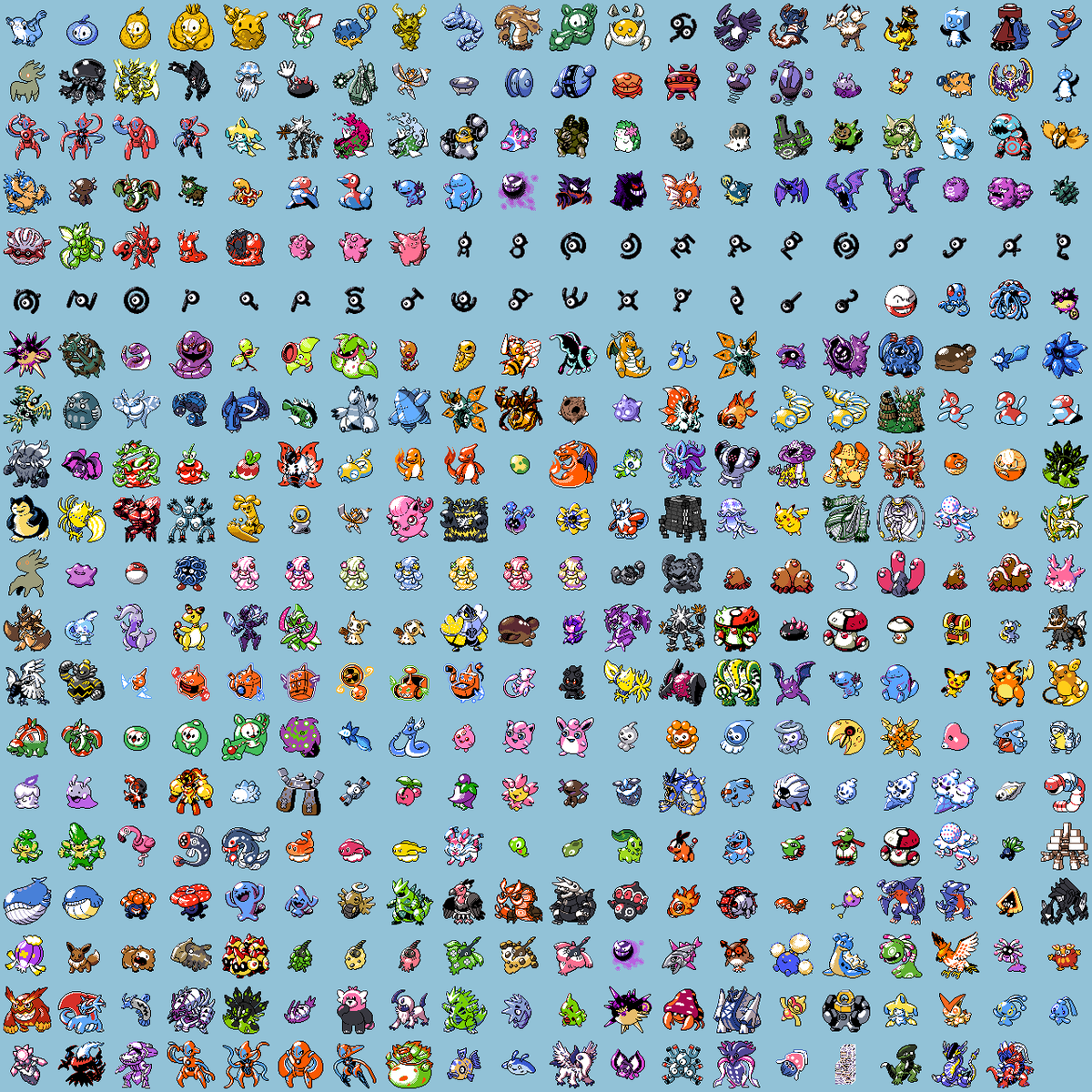 SageDeoxys's tweet photo. Time for round 3:
Picking 3 suggestions from the replies on what Pokemon to sprite next. All of the Pokemon on this image are excluded. No Fakemon either. https://t.co/Q6R5admTfx