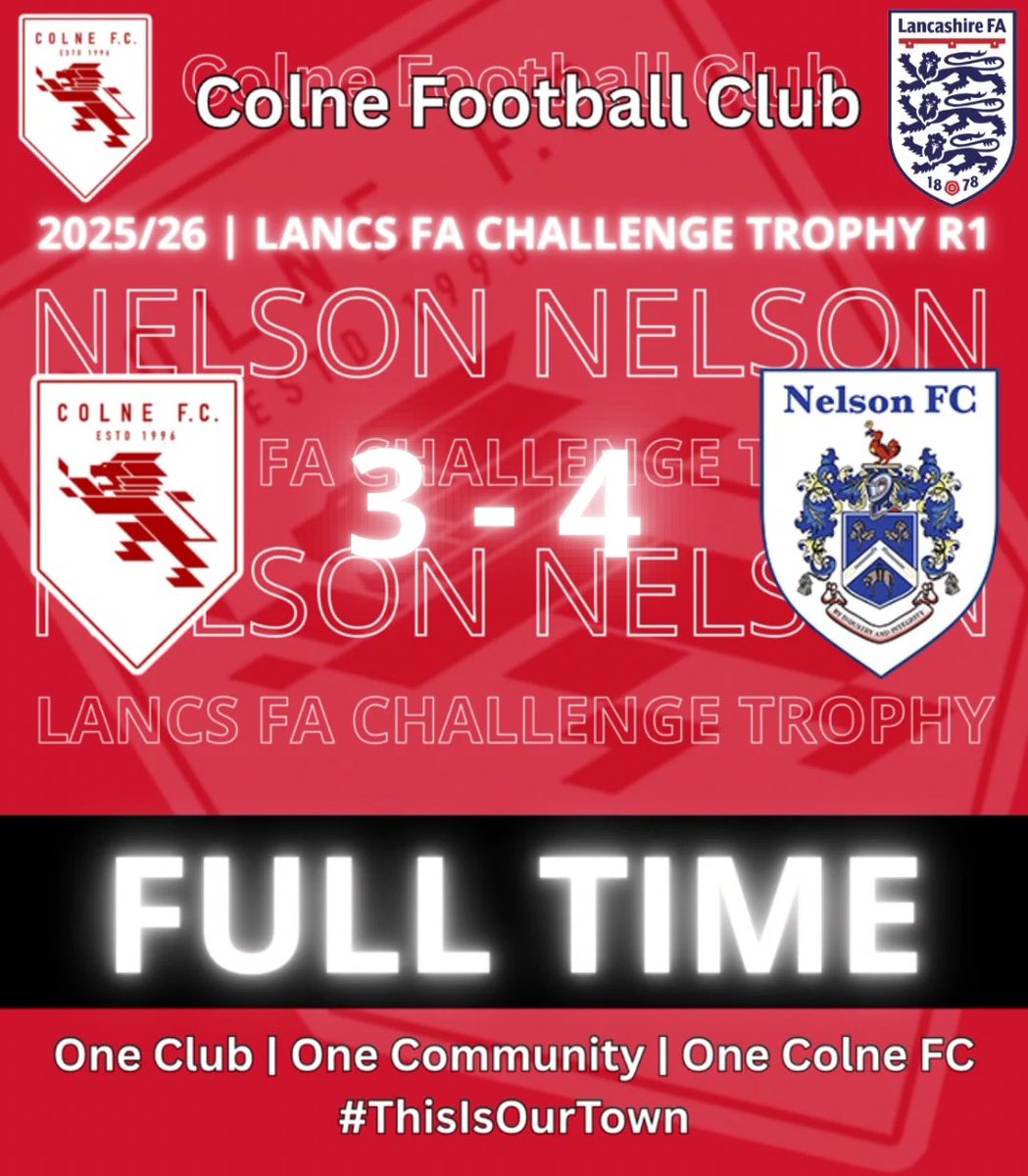 FT | Gutted is an understatement… 😔
We’re out of the Lancashire Cup. ❌

🔜 We face <a href="/thorntonfc/">Thornton Cleveleys FC</a> in <a href="/thefavase/">TheFavase</a> at Gamble Road on Saturday 20th September at 3pm.

🎙️Stay tuned tomorrow for the gaffer’s thoughts on today’s result… 📲

#OneClub | #OneCommunity | #OneColneFC