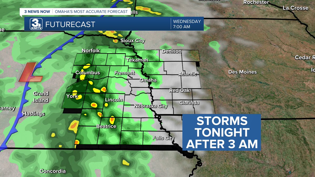 RAIN IS BACK! Pop-up thundershowers are scattered around Omaha this afternoon, and will move off to our northeast this evening. The main wave of storms is out in west Nebraska and will move in tonight after 2-3am, leading to a stormy start to Wednesday. Some of these Wednesday