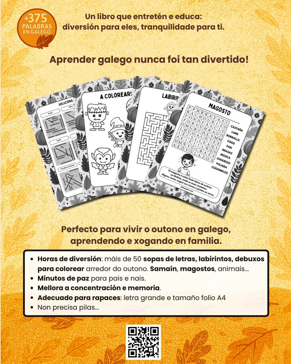 NON É PARA TODOS.

É para quen xa superou os niveis anteriores.
É para quen le rápido e pensa mellor… 

📙 Sopas de Letras do Outono (+9)

50 retos para mentes afiadas

📦 En librarías ou en pidopapas.com
#outono #infantil #educación #galego #samain #pasatempos