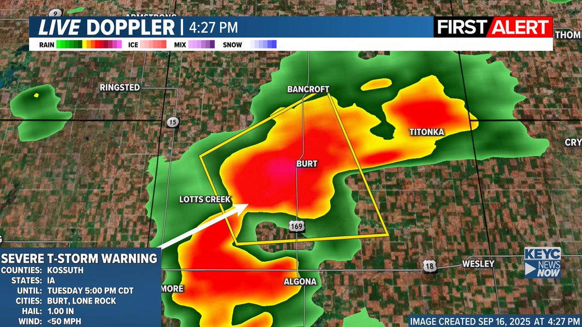 KEYCWeather's tweet image. ALERT: Severe Thunderstorm Warning for the following counties: Kossuth until 9/16 5:00PM