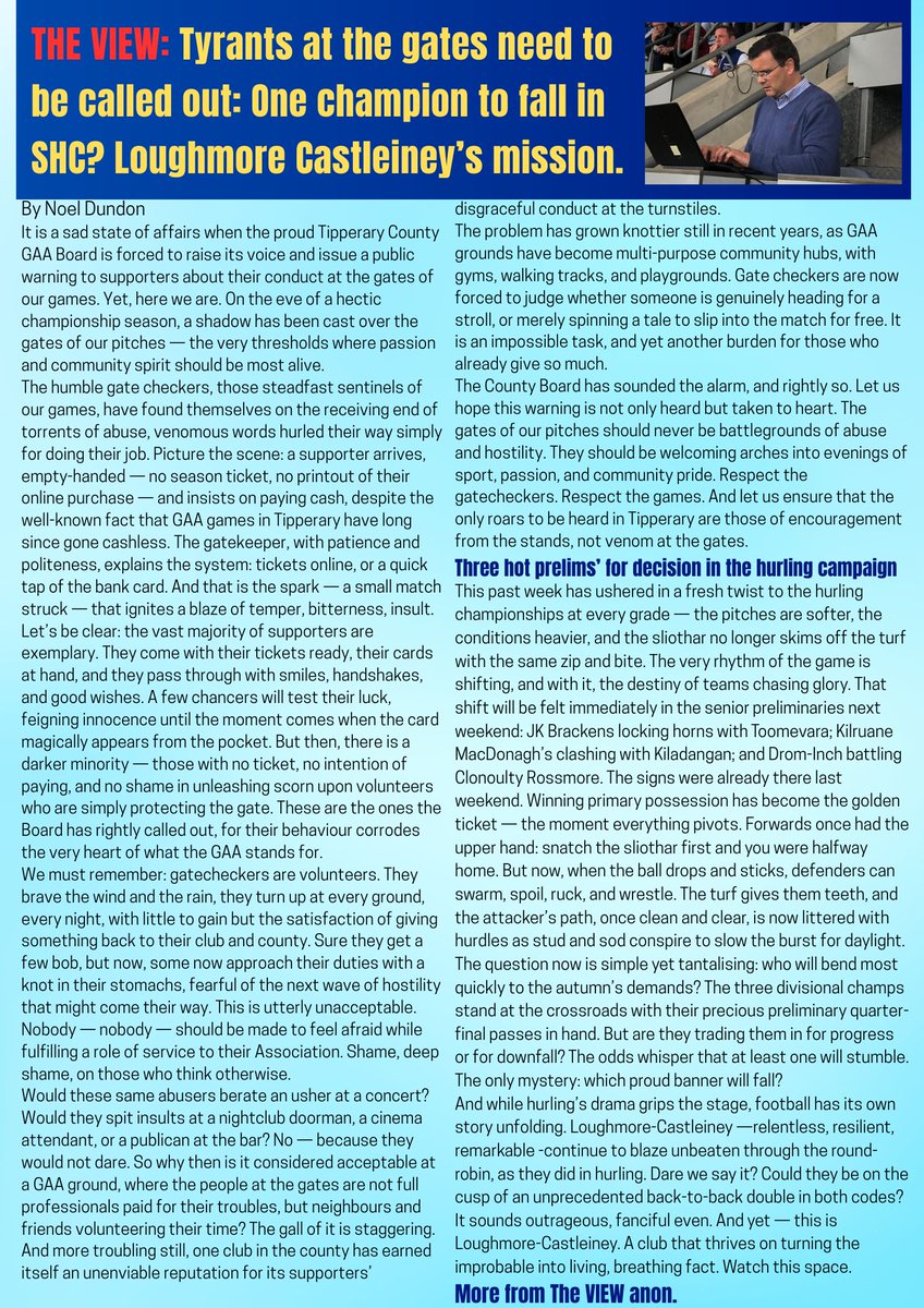 THE VIEW Column for this week. A busy weekend coming again. <a href="/TipperaryGAA/">Tipperary GAA</a> <a href="/TippSupporters/">Tipperary Supporters Club</a> <a href="/camogietipp/">Tipperary Camogie</a> <a href="/NorthTippGAA/">North Tipperary GAA</a> <a href="/MidTipp/">Mid Tipperary GAA</a> <a href="/TippFM/">Tipp FM</a> <a href="/officialgaa/">The GAA</a> <a href="/CrokePark/">Croke Park</a> <a href="/MunsterGAA/">Munster GAA / Comhairle na Mumhan</a> <a href="/TippfootballGAA/">Friends of Tipperary Football</a> <a href="/TipperaryCoCo/">Tipperary County Council</a> <a href="/NenaghGuardian/">NenaghGuardian</a> <a href="/tipp_echo/">TippEcho</a> <a href="/LiamLsheedy/">Liam Sheedy</a> <a href="/JohnFogartyIrl/">John Fogarty</a>