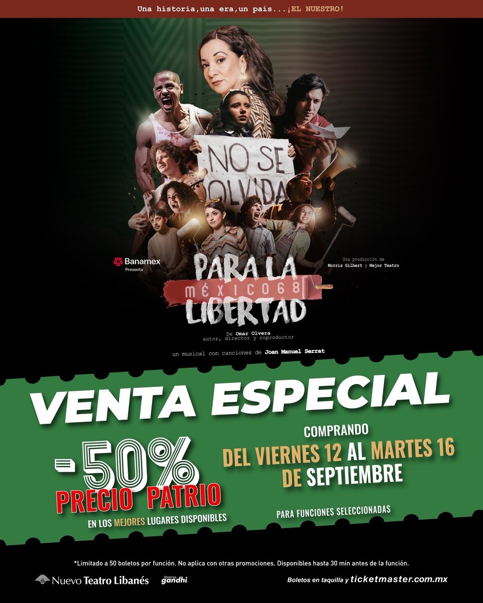 Para La Libertad. México 68 (@plalibertadmx) on Twitter photo ¡Viva México! ¡Vivan los estudiantes que en 1968 cambiaron el rumbo de México! ¡Aprovecha esta promoción y ven a celebrar su vida en #ParaLaLibertad!
🇲🇽 #𝗣𝗿𝗲𝗰𝗶𝗼𝗣𝗮𝘁𝗿𝗶𝗼
✅ Boletos con -50%
📆 Del 12 al 16 de sep.
🎟️ f.mtr.cool/wfkricxbgh ¡Viva México! ¡Vivan los estudiantes que en 1968 cambiaron el rumbo de México! ¡Aprovecha esta promoción y ven a celebrar su vida en #ParaLaLibertad!
🇲🇽 #𝗣𝗿𝗲𝗰𝗶𝗼𝗣𝗮𝘁𝗿𝗶𝗼
✅ Boletos con -50%
📆 Del 12 al 16 de sep.
🎟️ f.mtr.cool/wfkricxbgh