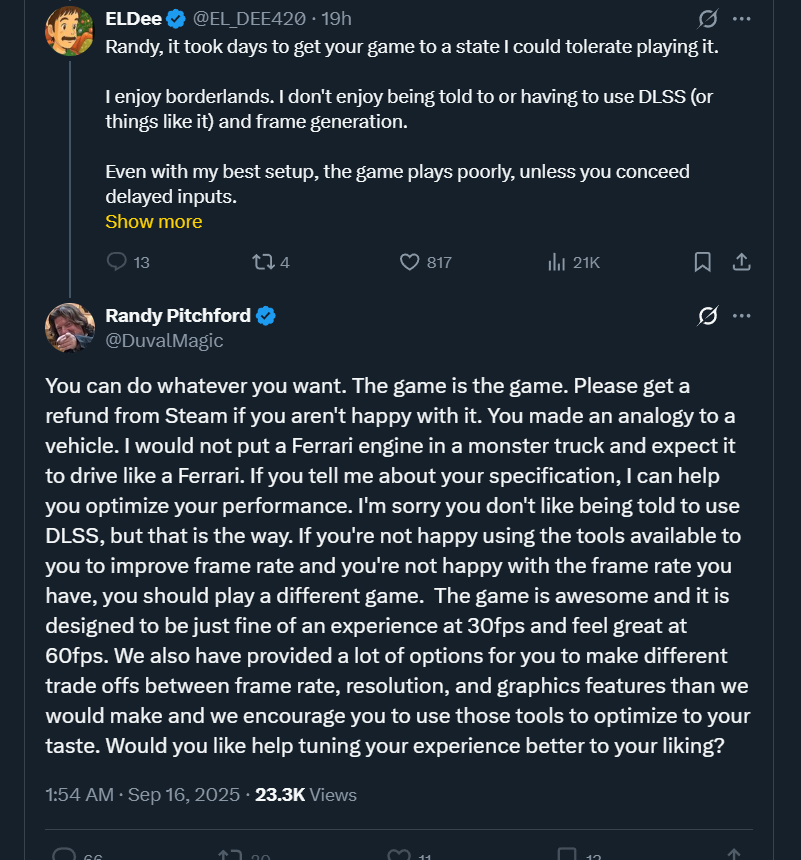 Last night, Randy Pitchford once again crashed out over Borderlands 4 criticism.

- He rejected comparisons made to Cyberpunk 2077 &amp; Battlefield 6. 
- Tried making a joke when Notch called him out.
- Acted as a Customer Service Rep with nonsensical "advise"
- And argued with fans