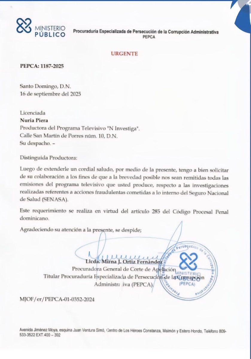 Pero si Abinader instruyó desde noviembre de 2024 al Ministeriro Público investigatlr lo que pasaba en SENASA, cómo es que ahora están pidiendo los programa de Nuria al respecto, que por demás están en YouTube
