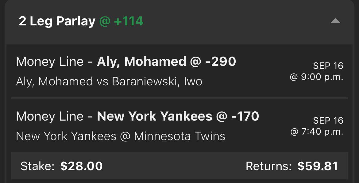 🚨 FREE PLAY 🚨
2-Leg Parlay (+114)
•Yankees ML (-170) vs Twins ⚾️
•Mohamed Aly ML (-290) 🥊
Stake: $28 Free Play To Return: $59.81
We’re rolling with the Yankees to handle business on the road and Mohamed Aly to stay dominant. Smart money, smart pairing, and all upside with