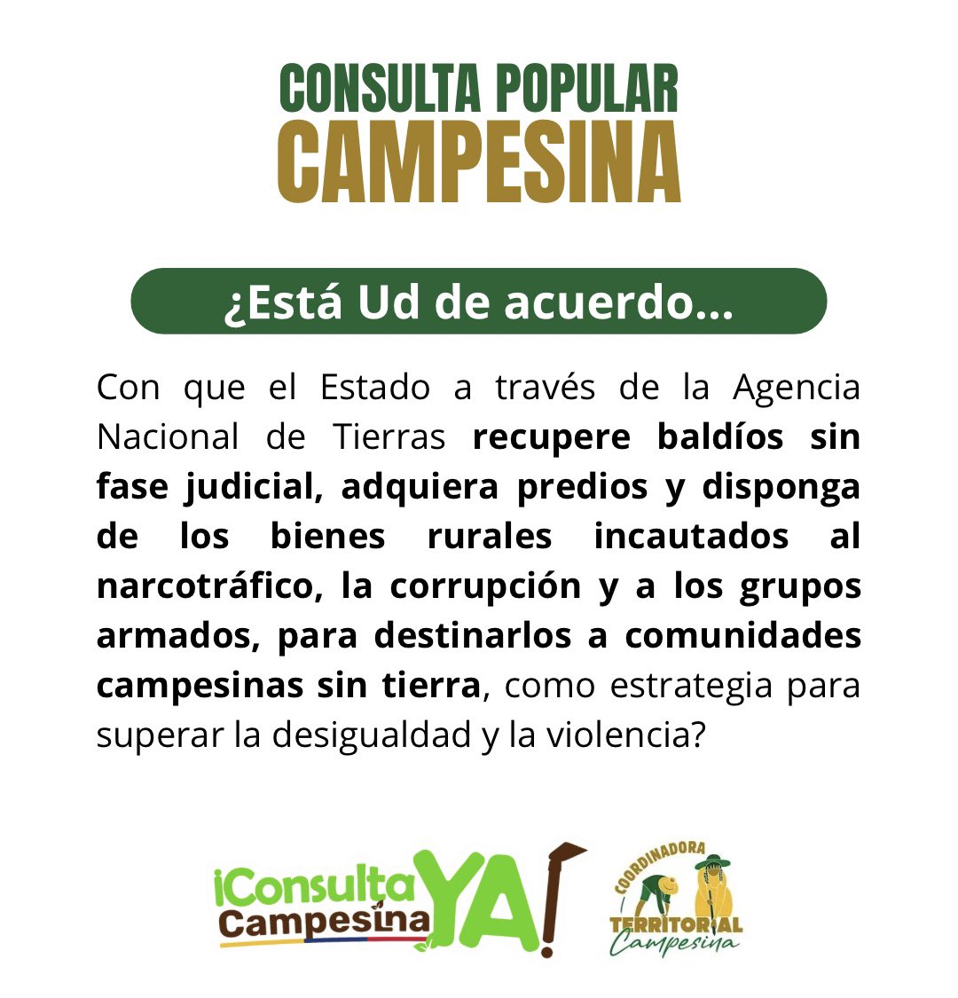 “Para sembrar La Paz, hay que aflojar la tierra” Darío Fajardo

Profundizar la política de reforma agraria que este gobierno a liderado, en cuanto a la democratización de la tierra, será la llave de La Paz. Por eso impulsamos la #ConsultaCampesinaYa