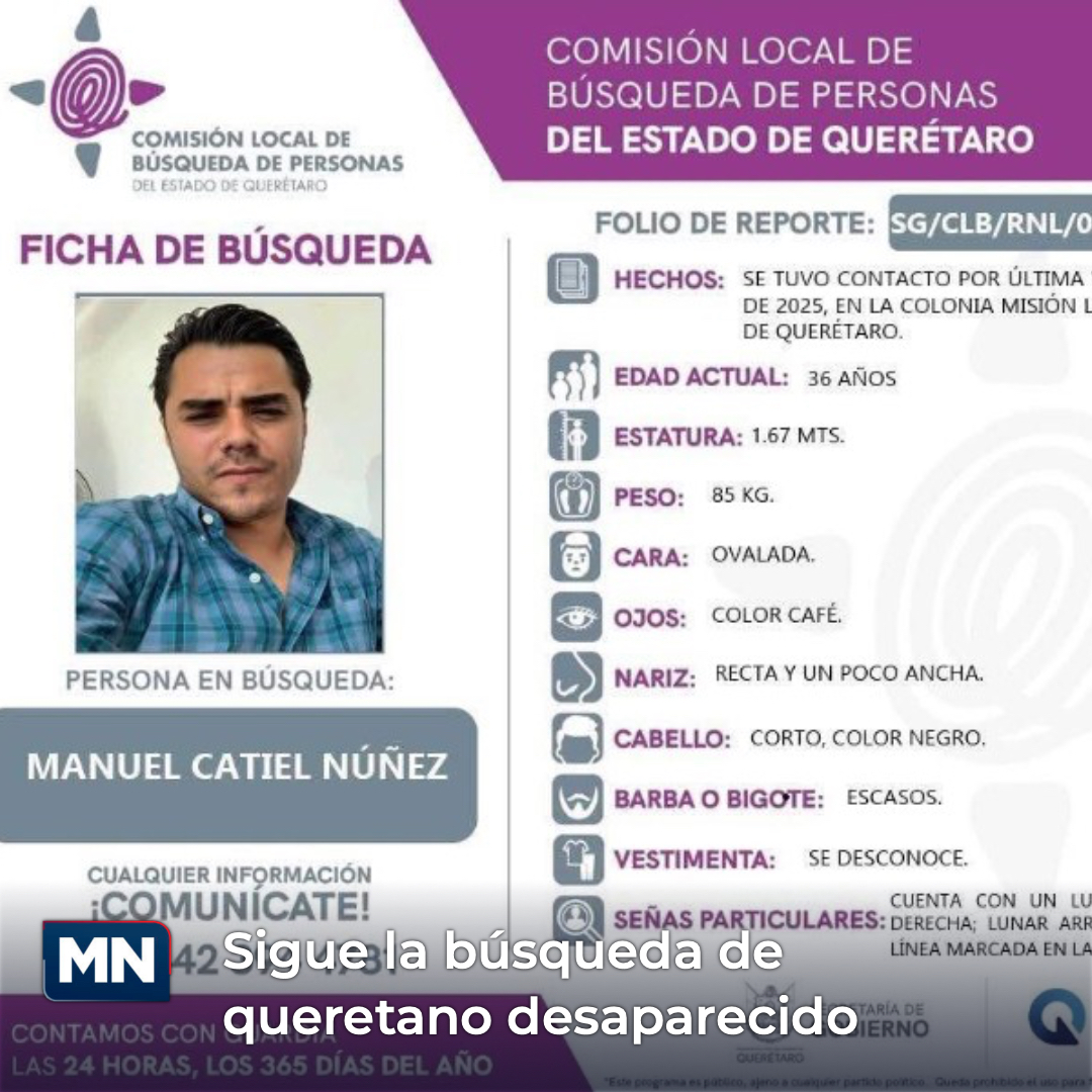 meganoticiasQRO's tweet photo. 🔎👤 Manuel Catiel Núñez, 36 años, fue visto por última vez el 9 de septiembre en la colonia Misión La Joya, Querétaro 🚨📍

Si sabes algo, llama al 911, 089 o a la Fiscalía General del Estado ☎️🙏

➡️➡️ Más detalles: https://t.co/iKpSrhakq9 https://t.co/nfbQSaHyuD