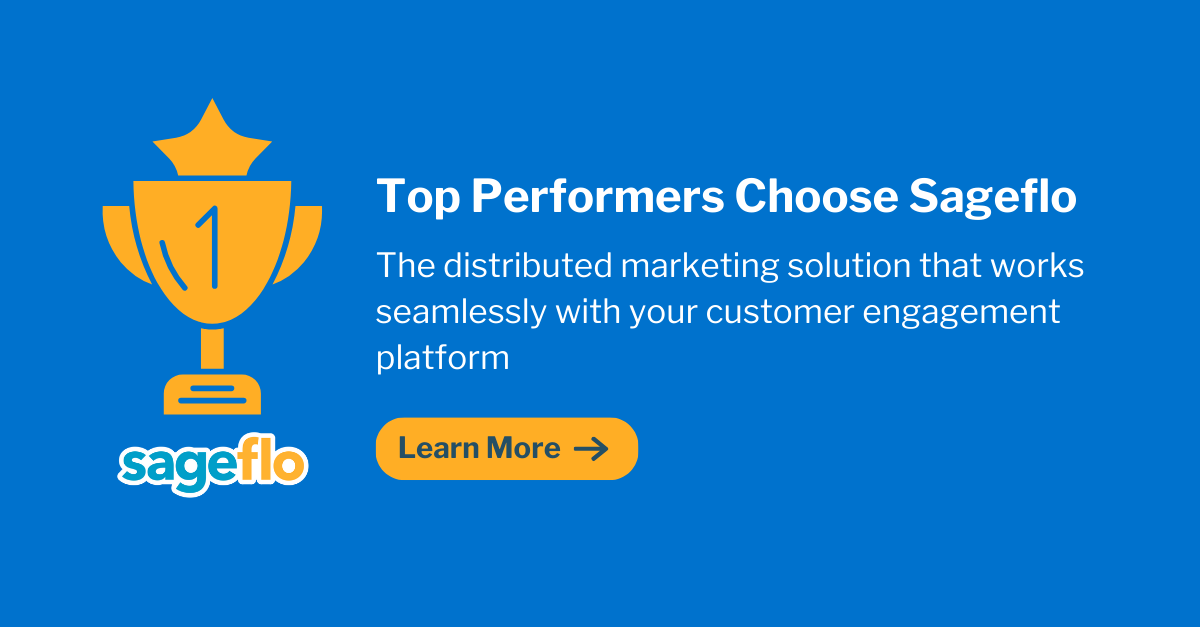 sageflo's tweet image. Top performers choose Sageflo, the distributed marketing solution that works seamlessly with your customer engagement platform.

Learn more: sageflo.com/?utm_medium=so…

#Sageflo #distributedmarketing #emailmarketing #customerengagement