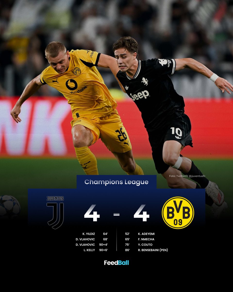 feedballid's tweet photo. Hasil Champions League Malam Ini!

🔥Drama Juve vs Dortmund berakhir 8 gol!
🇦🇿 Qarabag catat kemenangan bersejarah di markas Benfica.

#ChampionsLeague #UCL #Juventus #Dortmund #Tottenham #Benfica #Qarabag #FeedBall https://t.co/LhsQU0SIam