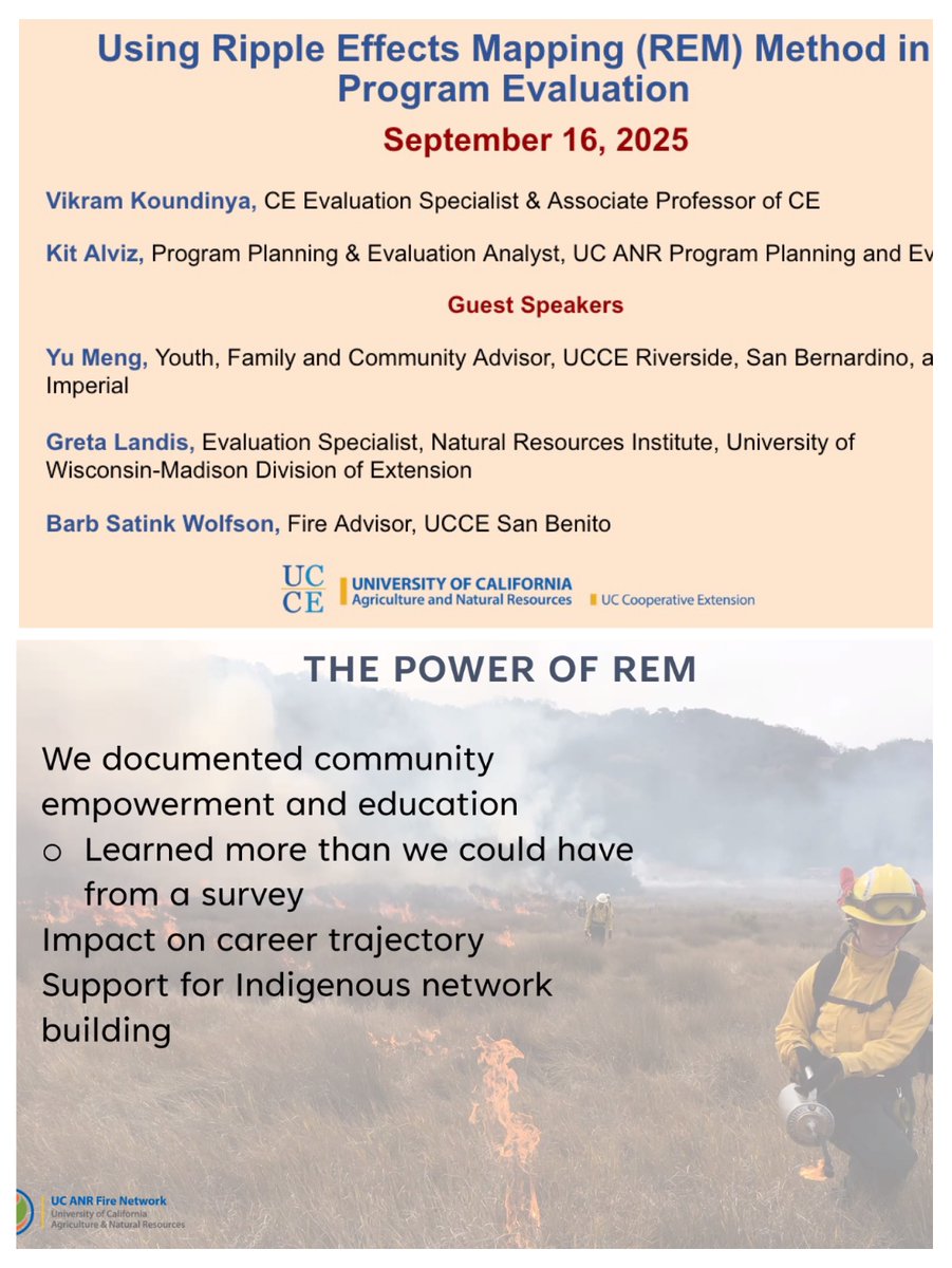 We offered a training on "Using Ripple Effects Mapping (REM) Method in Program Evaluation" as part of the <a href="/ucanr/">Ag&Natural Resources</a> Extension Evaluation Capacity Building training series. Thanks to the guest speakers for sharing REM examples from their projects.