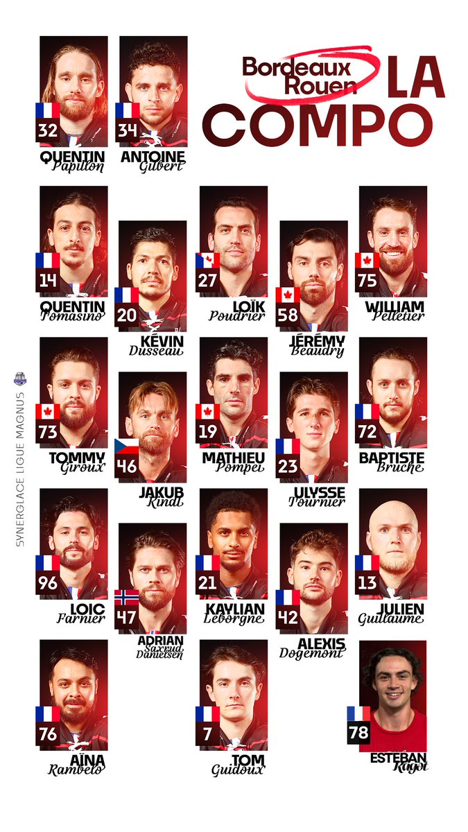 Composition de l’équipe pour ce soir 🫡

Blessés :
LAMARCHE 
CARRY 

Absent : 
MORIN