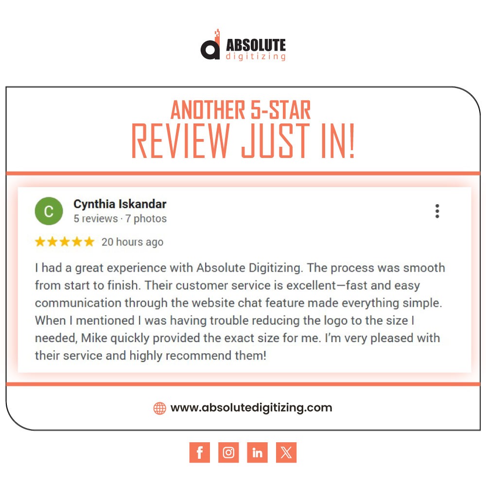 Emb_Digitizing's tweet image. Join the community of happy customers who are growing their businesses with our services at AbsoluteDigitizing.com. Our clients consistently vouch for the quality and reliability we deliver, and nothing makes us happier than their success.
#happycustomers #embroiderydigitizing