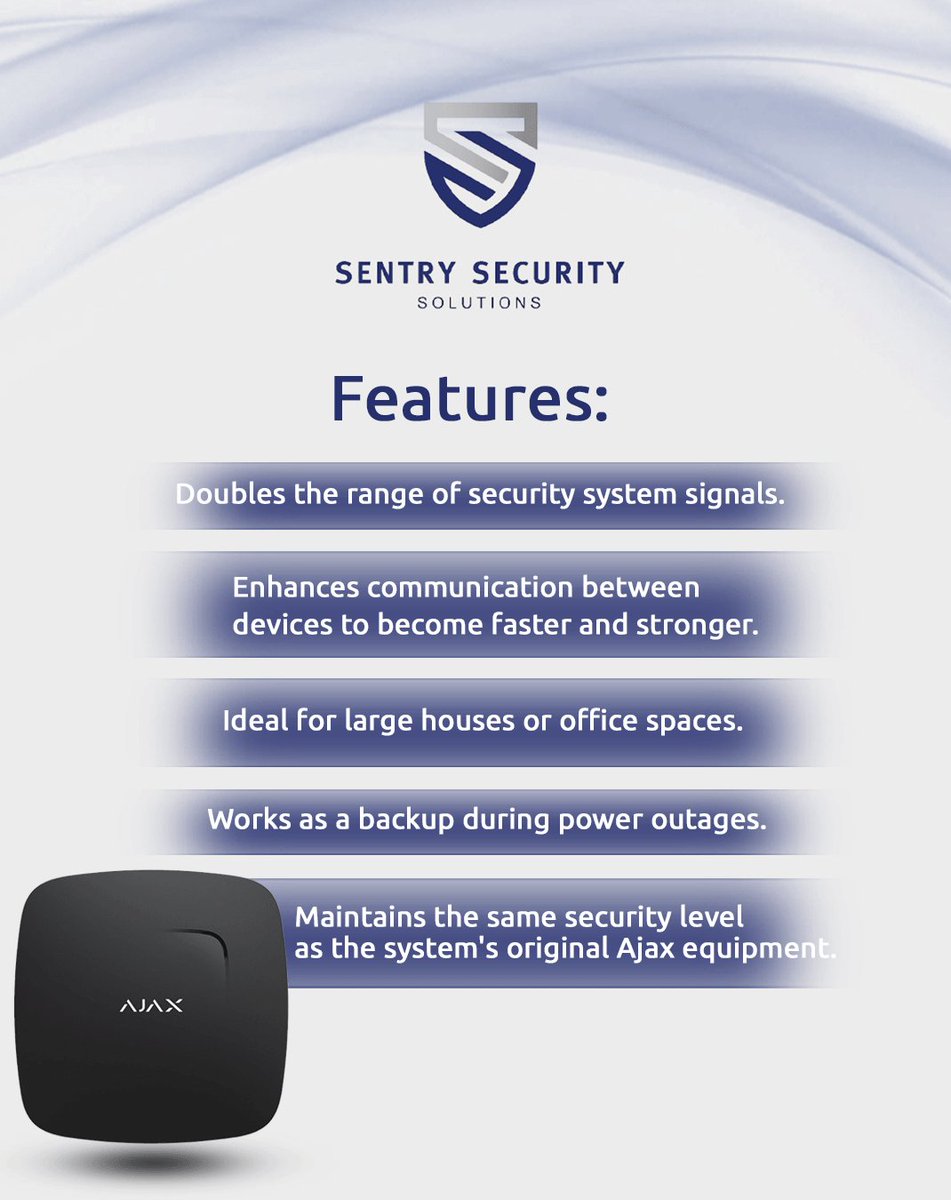 SentryGCC's tweet image. 🔒 جهاز ReX Jeweller من Ajax يعزز مدى التغطية ويوفر لك أمان مستمر حتى في انقطاع الكهرباء.
مثالي للمنازل الكبيرة، المكاتب، والمستودعات ✅

 للتواصل: 
+973 36200882
+973 77778778
  
#security #homesecurity #smartsecuritysystem #reliablesecurity #ajaxsecuritysystem #rexjewellers