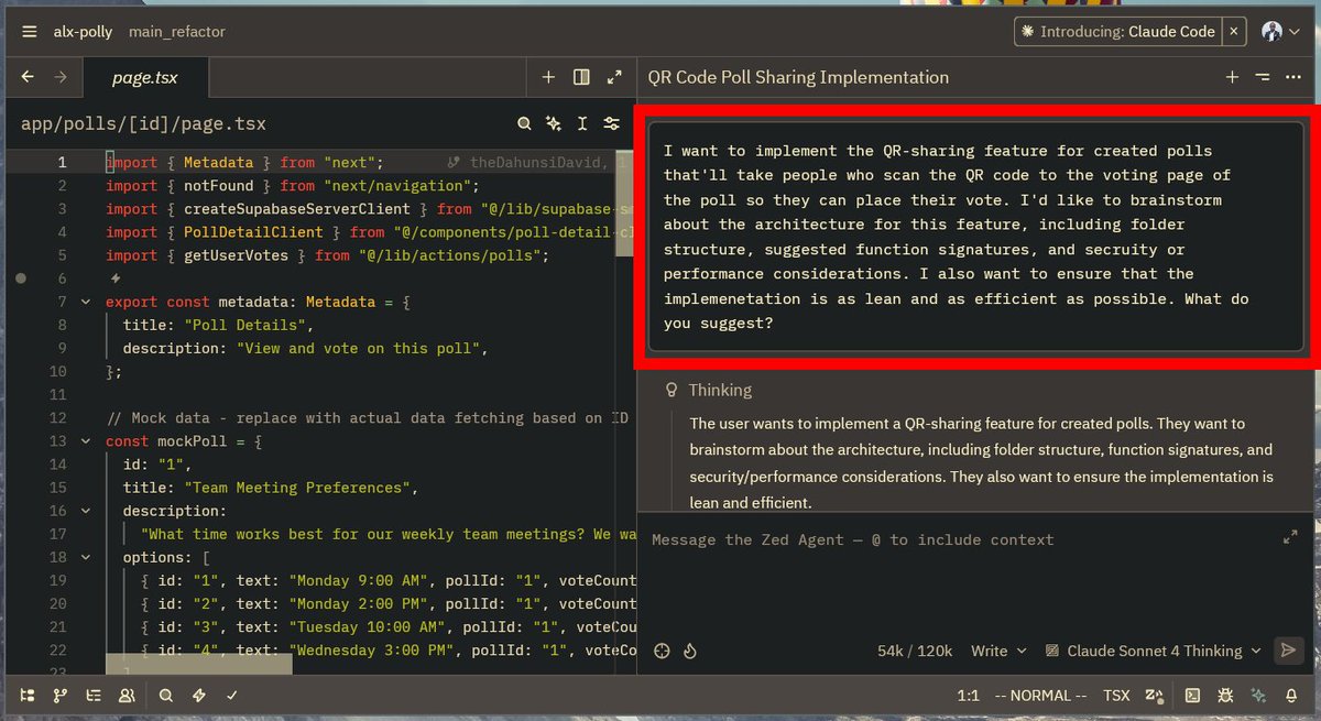 thedahunsidavid's tweet image. 📌 Day 23 of #ALX_AIDEV by @alx_africa 

Today&apos;s topic: Best Practices for AI-Assisted Dev Workflow

To apply:
🔹 I built the QR-code sharing feature into my polling app.

Following best practices, I built this in 4 prompts with none of the usual vibe coding issues.

Demo below.