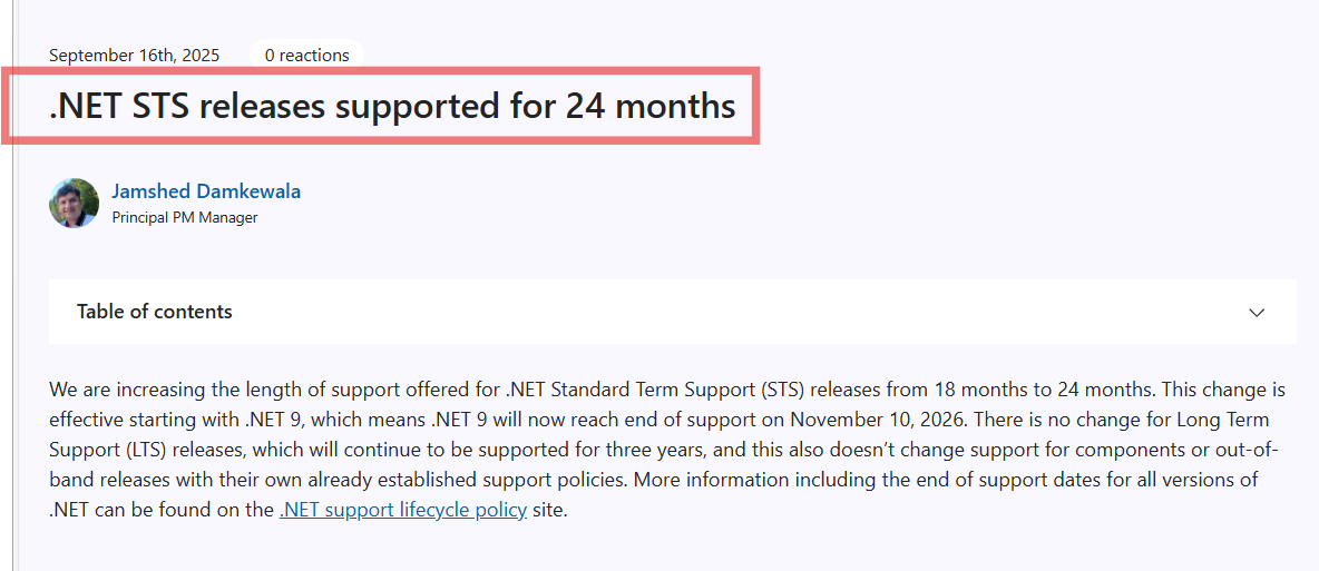 Dave_DotNet's tweet photo. .NET STS releases now supported for 24 months
#dotnet https://t.co/jsIQjgLshw