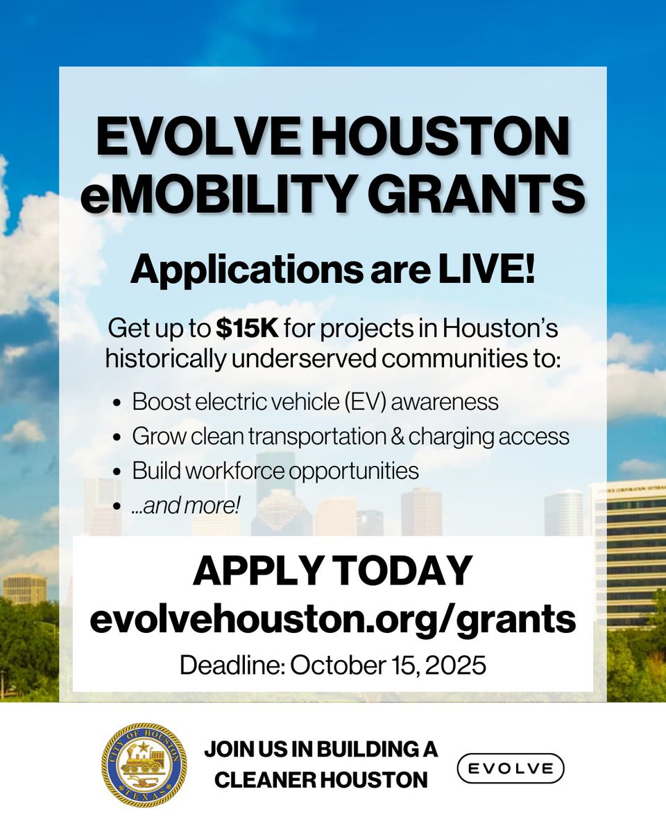 🚨 Grant applications are open
 💰Up to $15,000 for community-led clean transportation projects in Greater Houston
 🗓️Apply by October 15
 🔗 evolvehouston.org/grants