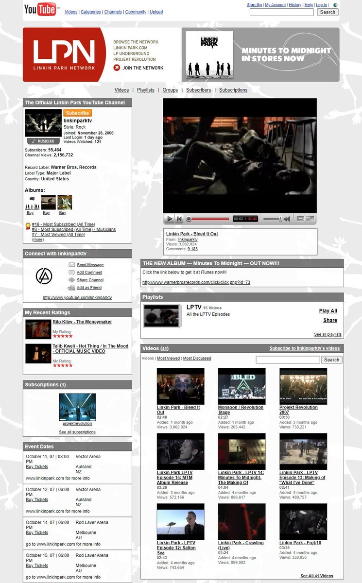 Linkin Park YouTube Channel in 2007

#InternetHistory