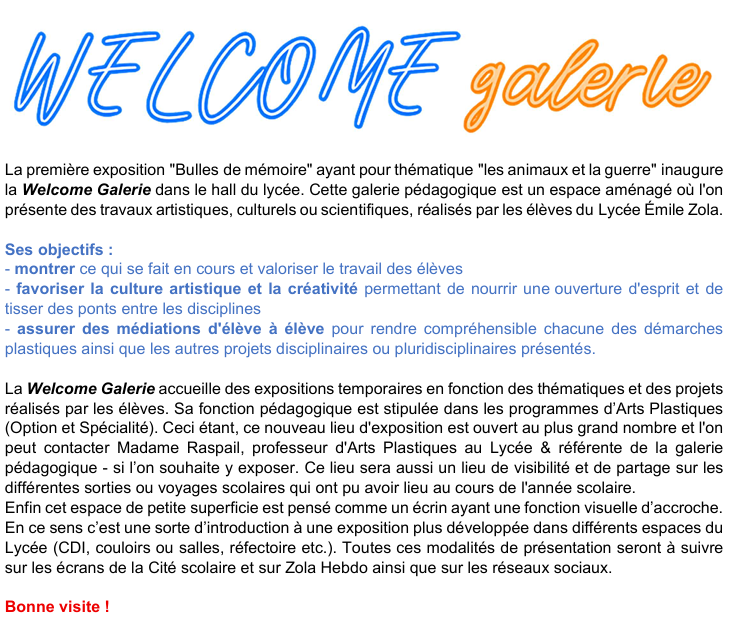 citescoZola28's tweet photo. 🎨La Welcome Galerie ouvre au Lycée Émile Zola !
 1ère expo dans le hall du lycée : Bulles de mémoire – Les animaux et la guerre
👉 Expositions temporaires ouverture à tous jusqu'au 16 octobre
🙌 Merci à Ivy Fleur pour l’affiche &amp; à Nicolas Mestdagh pour l’aide technique https://t.co/5szG2FeHM5