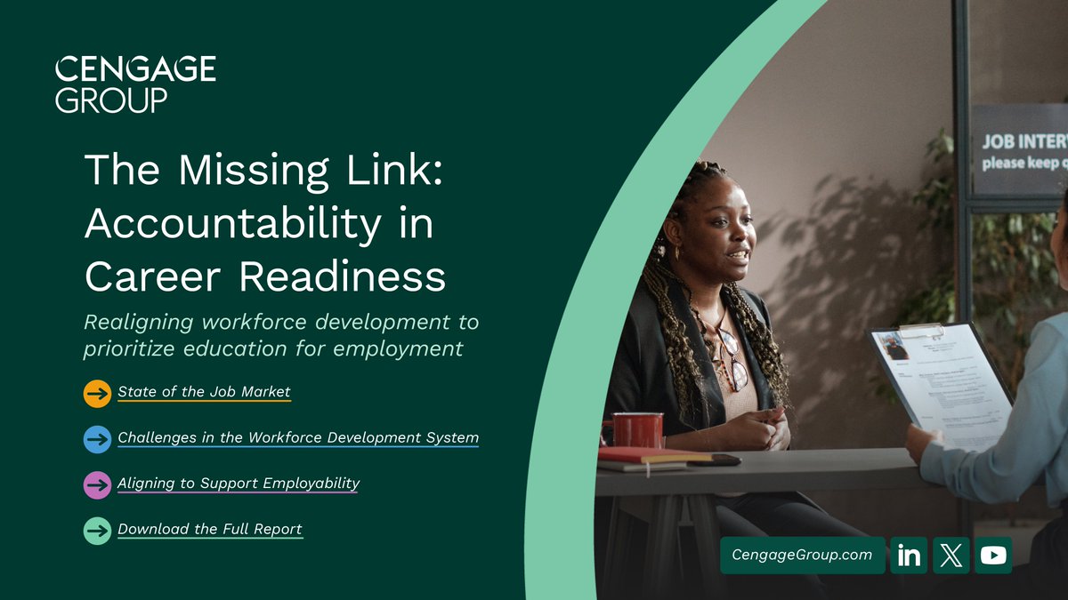 CengageLearning's tweet image. Graduates are entering a job market shaped by #AI and rising expectations, but many feel unprepared. Our 2025 Employability Report reveals why the #education to #employment pipeline is misaligned, and what needs to change. Learn more: bit.ly/4noHOhH