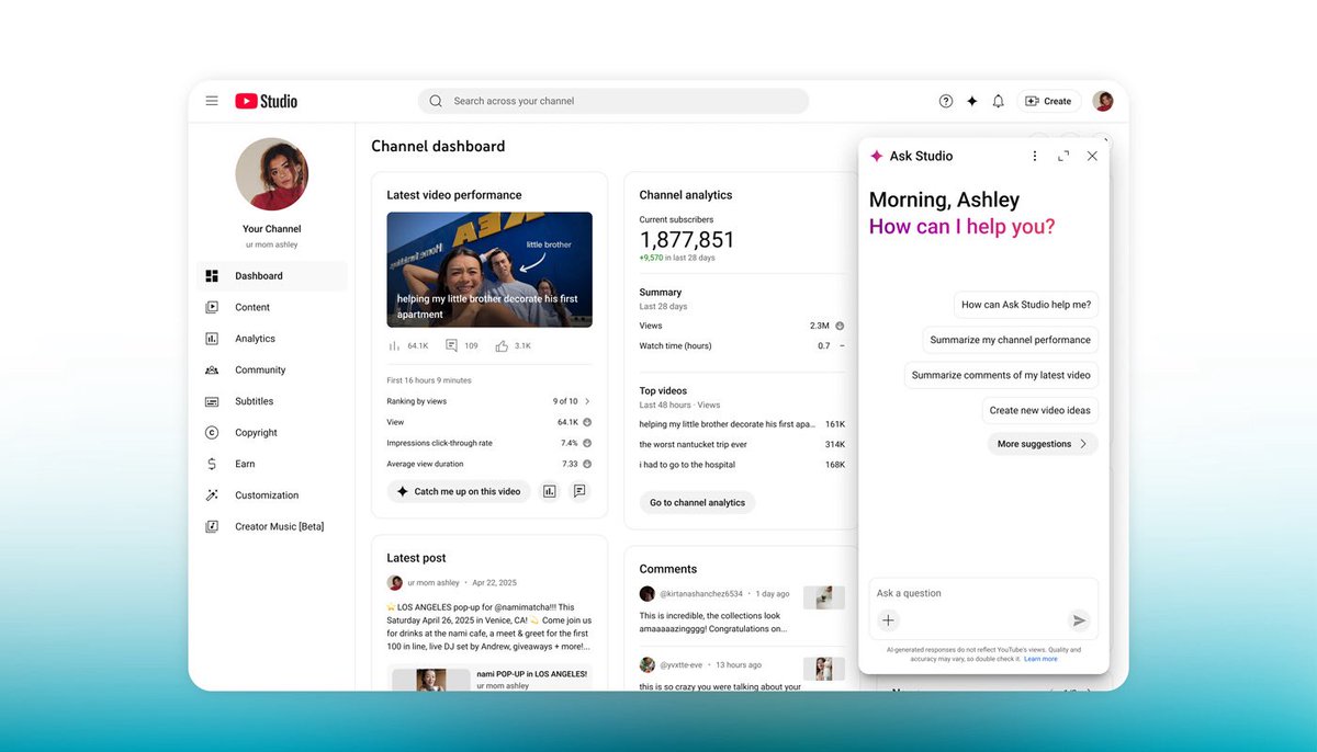 YouTubeCreators's tweet image. Ask Studio is your sidekick inside YouTube Studio 🧠
get quick, powerful insights through conversational AI to help take your channel to the next level. Ask Studio helps understand your community and analytics, and provides new inspiration, all in one place. coming to US…