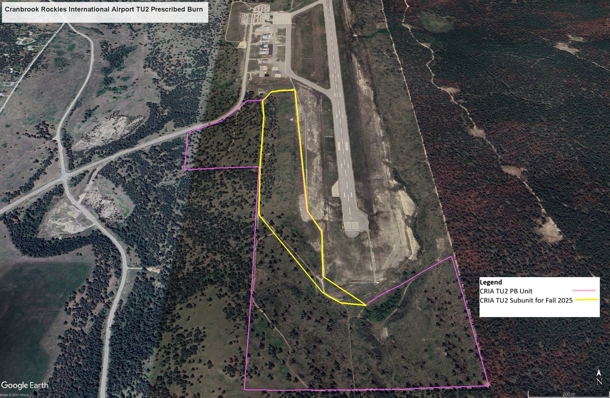 To reduce wildfire risk, a prescribed burn is planned near Canadian Rockies International Airport (11 km N of #Cranbrook). Up to 45 ha may be burned starting as early as Sept 18 (weather dependent) possibly in evening to limit airport impacts. #BCWildfire cranbrook.ca/news/prescribe…