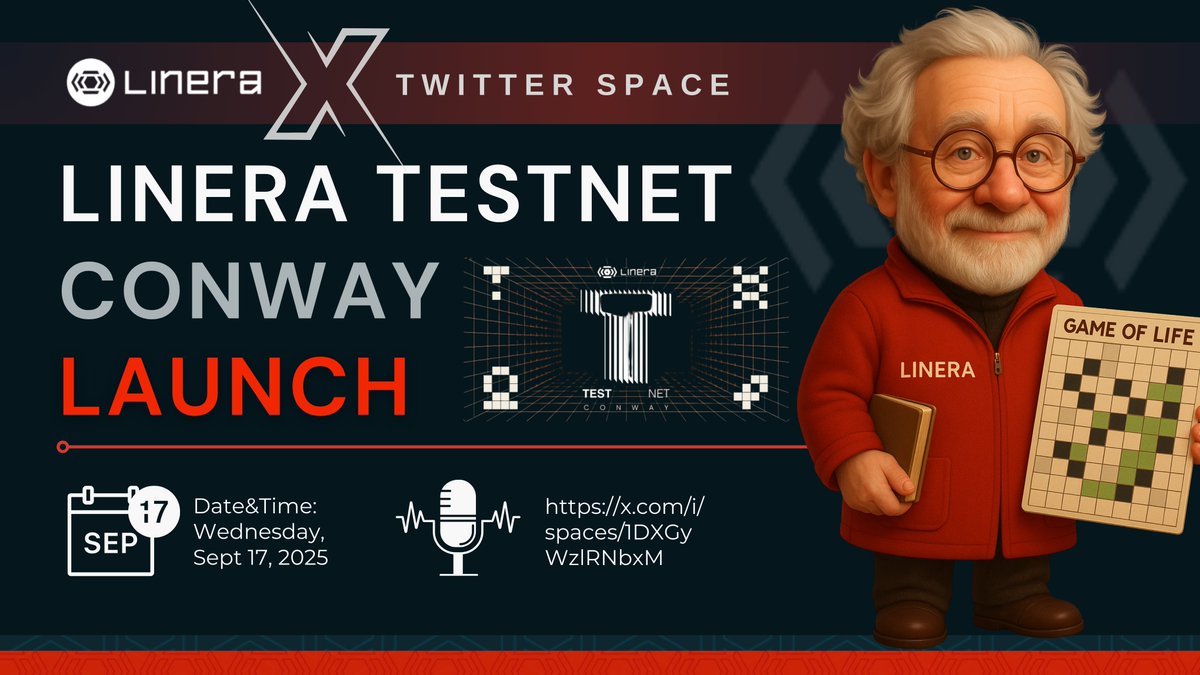 nininiao's tweet photo. ❓ What’s next for @linera_io?

👾 Testnet Conway Launch Event on X Spaces
📅 Wednesday, Sept 17, 2025
🕓 3:00 PM UTC

The event will showcase:
🔗 Wallet integration demo
🎮 The Game of Life on microchains
🌐 A new portal to earn testnet points
🚀 Discover the future of #Linera live on X
https://t.co/sdaIOYzXn6 

#microchains @linera_io