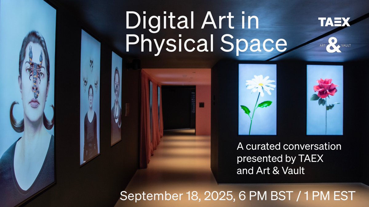 ✨ Digital Art in Physical Spaces

What shifts when digital works enter physical settings? From curating to experiencing, the gallery and installation context transforms how we see, feel, and engage with art.

Join us for an X conversation hosted by TAEX  and <a href="/artandvault/">ART&VAULT 🗝️</a>.