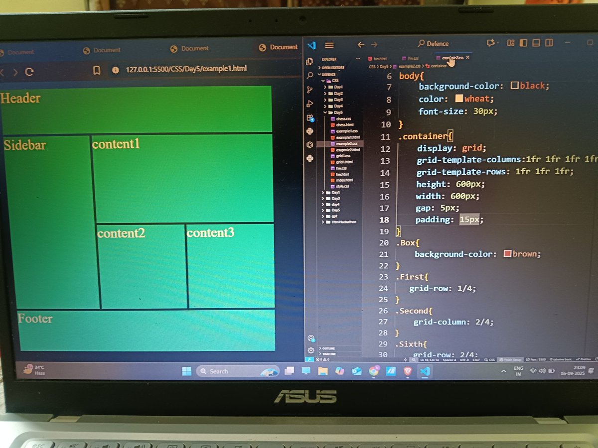 neshraneha04's tweet photo. #Day11 ✅ 
Today i learned #CSS Grid - 
🔸display:grid
🔸grid-template-row/columns
🔸gap for space 
🔸 grid-row/column controls
🔸1fr,repeate() for flexible layouts
Thanks @rohit_negi9  bhaiya❤️
#coderarmy #MERNstack #webdeveloper https://t.co/wJOqmRA4zz
