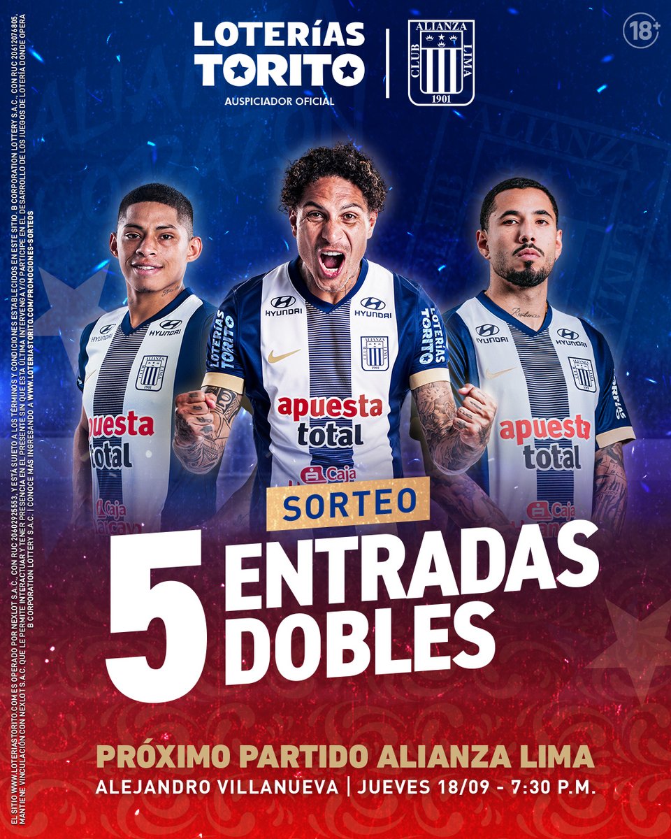 ¡VIVE LA EMOCIÓN CON TORITO! ⚡💙🤍

Sorteamos 𝟓 𝐄𝐍𝐓𝐑𝐀𝐃𝐀𝐒 𝐃𝐎𝐁𝐋𝐄𝐒 para que vivas el encuentro entre <a href="/ClubALoficial/">Club Alianza Lima</a>  vs. U. de Chile 🎉

Participar es fácil😏:
1️⃣Síguenos en nuestras redes
2️⃣Etiqueta a tu partner con quién irás al partido

🗓️Ganadores 17/09 - 6 p.m☘