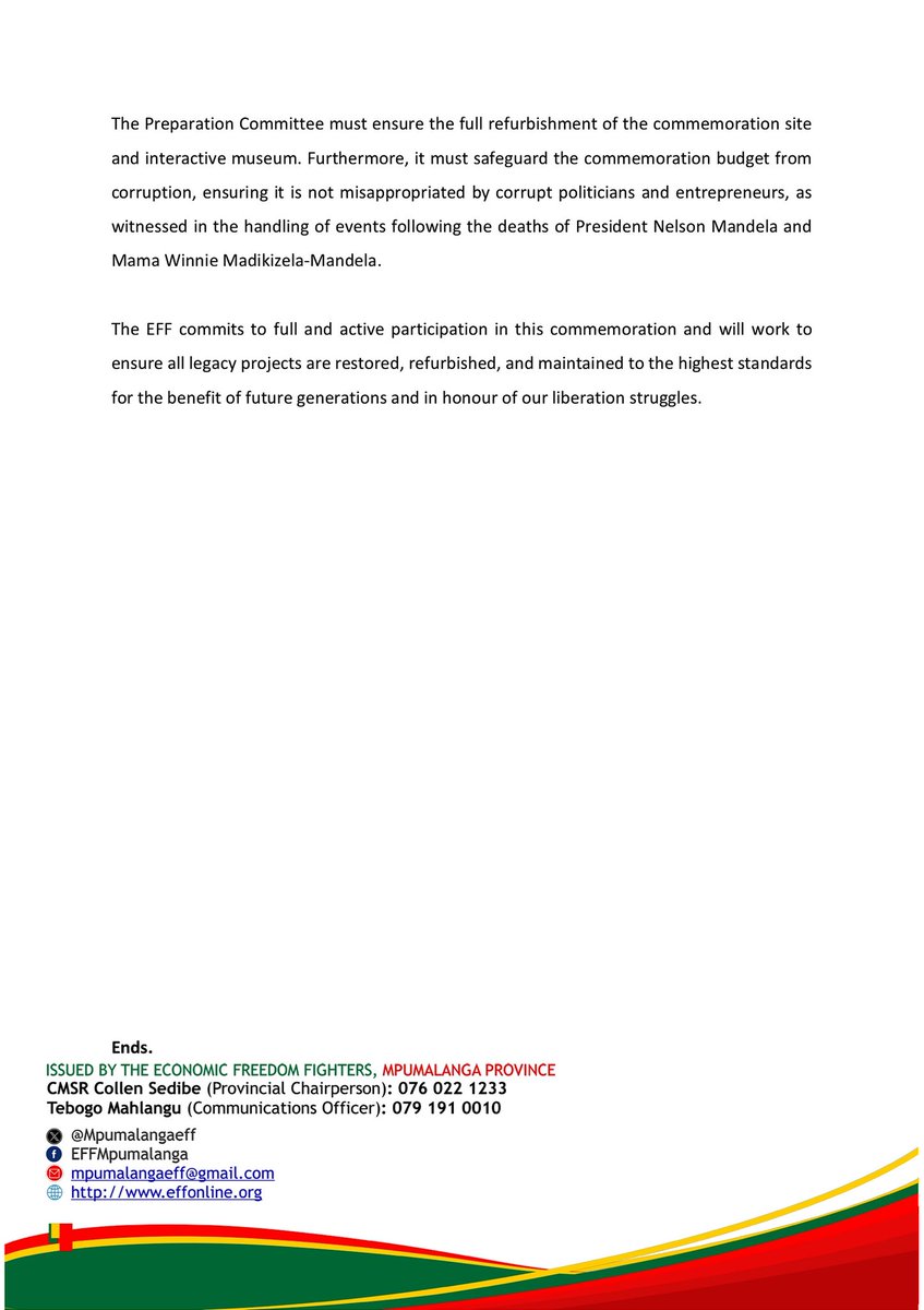 ♦️Media Statement♦️

EFF CALLS ON PROVINCIAL GOVERNMENT TO START PREPARATIONS FOR THE 40TH
ANNIVERSARY OF THE PRESIDENT SAMORA MACHEL 1986 TRAGEDY IN MBUZINI.

16 SEPTEMBER 2025