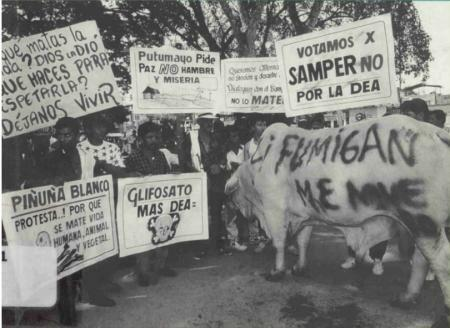 Feloarias's tweet photo. Dos postales de la 'primera Descertificación', en 1996:

El senador del MOIR Jorge Santos quema una bandera de Estados Unidos en plena sesión del Senado.

Protestas cocaleras en medio de los incrementos de la militarización de la política antinarcóticos y de las fumigaciones. https://t.co/2rP3mXGpSF