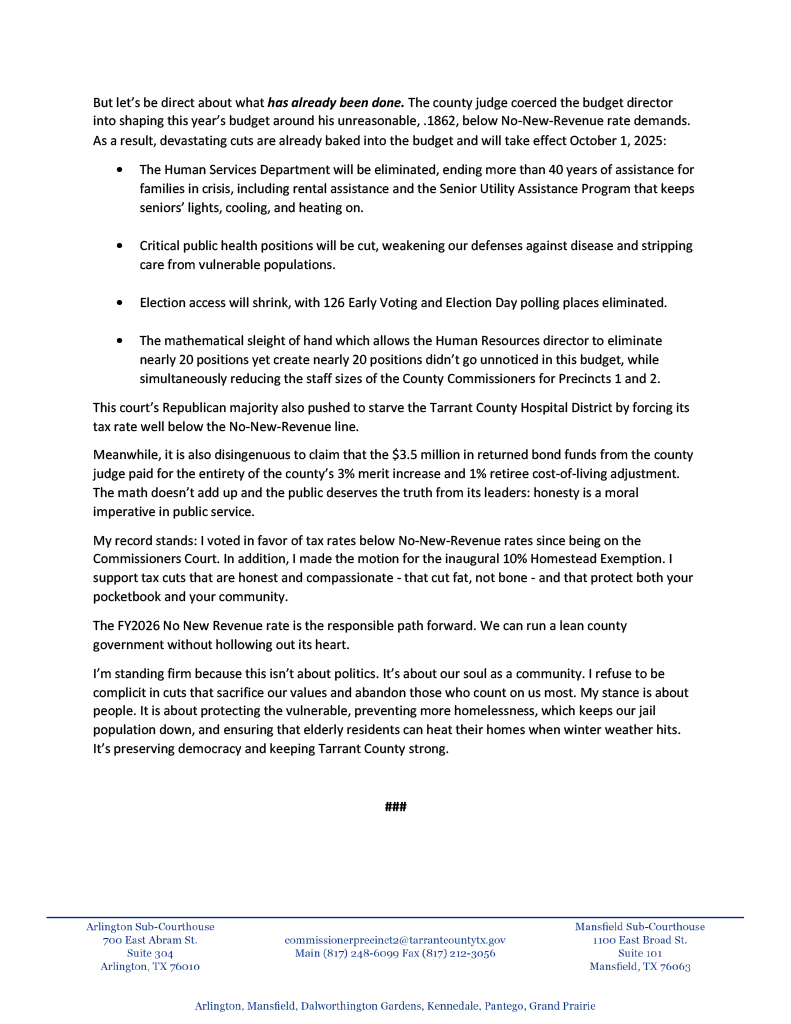 Tarrant County Commissioner Alisa Simmons (@commalsimmons) on Twitter photo A county that cuts care for its most vulnerable cuts into its own future. A county that cuts care for its most vulnerable cuts into its own future.