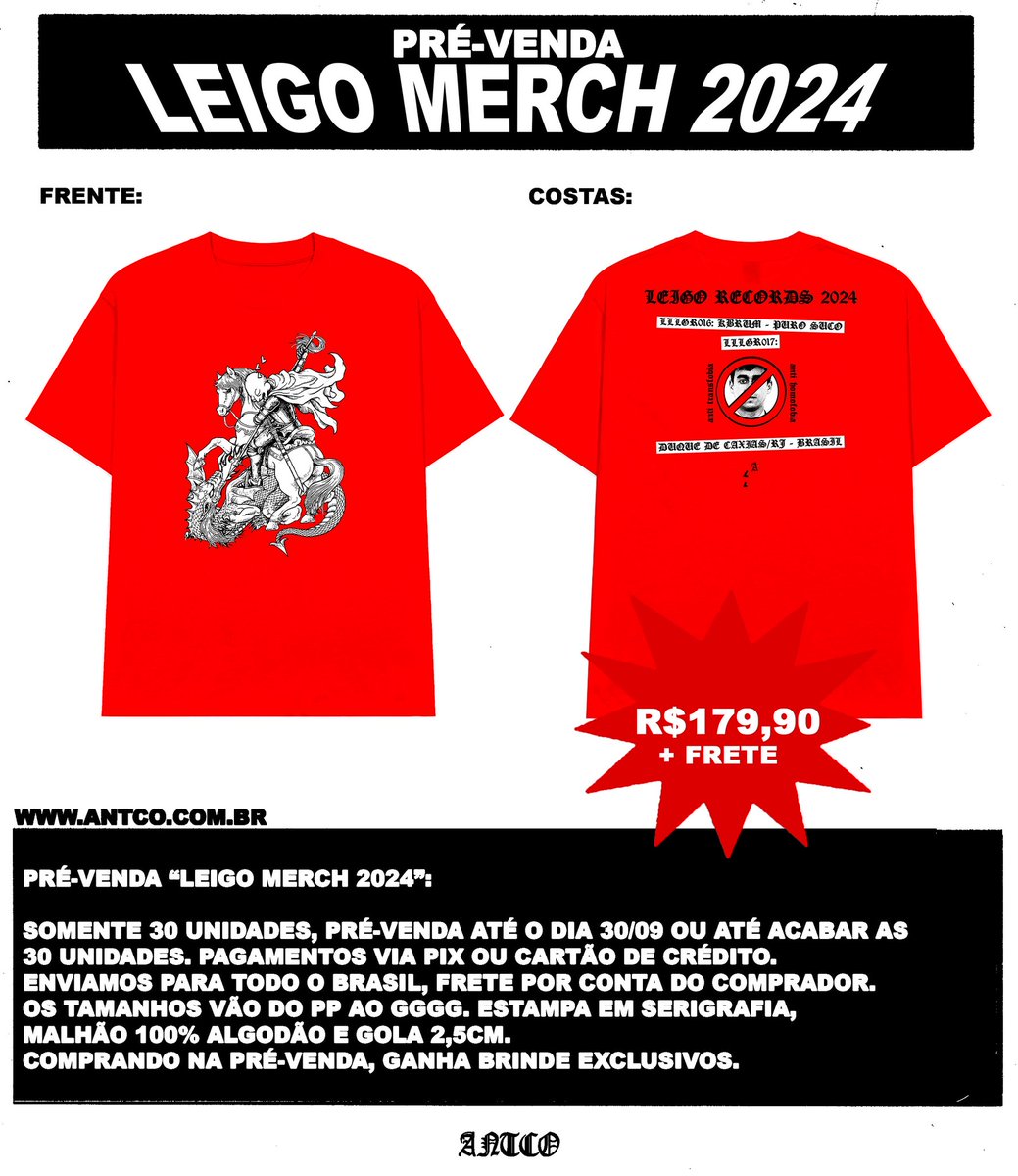 Seguindo os costumes, tá no ar a pré venda da próxima camisa da @leigorecords. 
Apenas 30 unidades, pré venda até o dia 30/09 ou até acabarem as 30 unidades. Alguns tamanhos como PP e GGGG só são disponíveis na pré-venda.

Pra comprar só me mandar um direct.