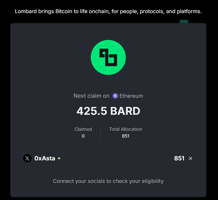 0xAsta's tweet image. .@Lombard_Finance checker is out for yappers and LUX farmers

-&amp;gt; decent for me, did not lock in so i'm okay with this yapper allocation

on the other hand, 50$ in YT gave me 10 $BARD lol

links below 👇