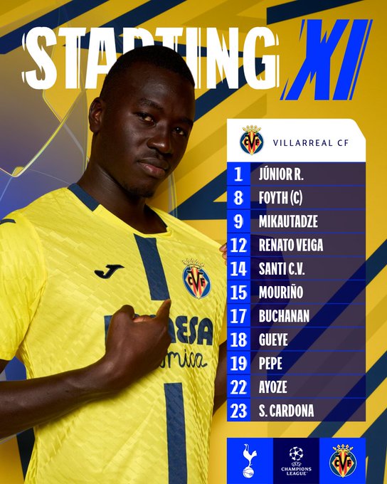 A person wearing a yellow Villarreal CF jersey with blue stripes, pointing at the jersey. Text overlay lists the starting XI for Villarreal CF, including names like Junior R., Foyth, and Mikautadze, with the UEFA Champions League logo visible.