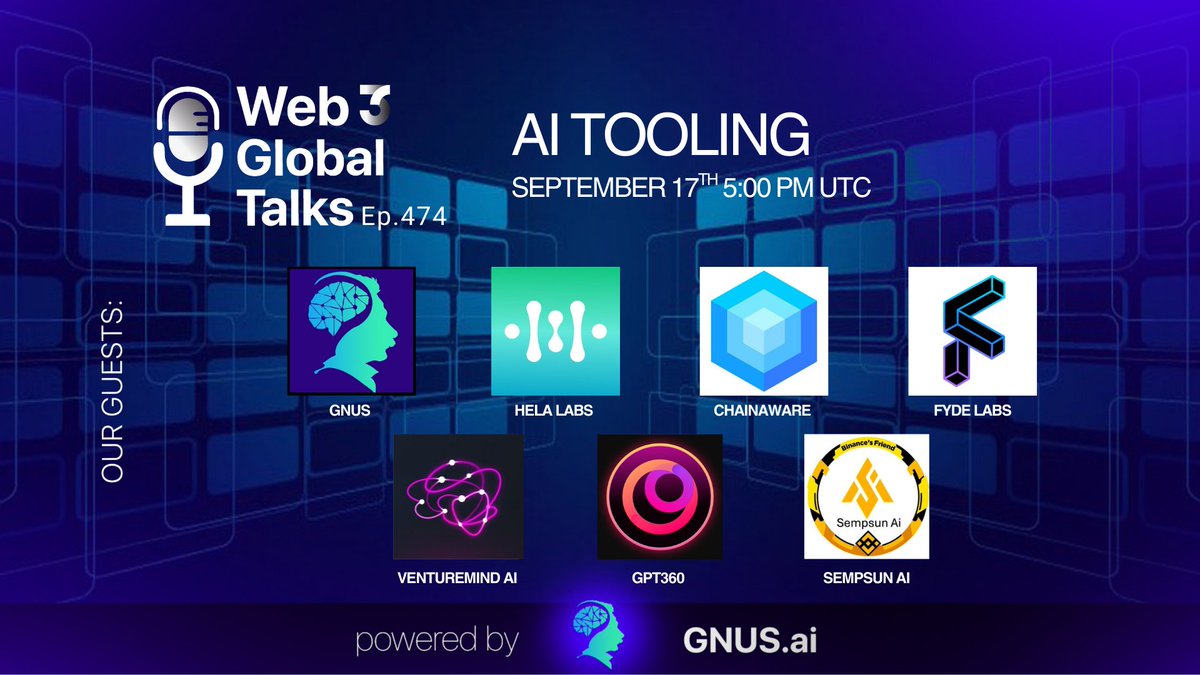 web3globalmedia's tweet image. 📻 #GM - Join us for Wednesday&apos;s Web3 Global Talks! 

🎙️  Our Guests: @GnusAi, @Hela_Network, @ChainAware, @FydeLabs, @VentureMindAI, @GPT360_Official, @SempsunAI 

Set your reminders 👇