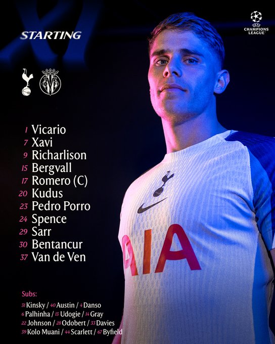 Guglielmo Vicario wearing a white Tottenham Hotspur jersey with red and blue accents, featuring the Nike logo and "AIA" text. The jersey displays the Tottenham Hotspur crest. Text lists starting players: Guglielmo Vicario, Pedro Porro, Cristian Romero, Micky van de Ven, and others, alongside substitutes. A Champions League logo is visible at the top.