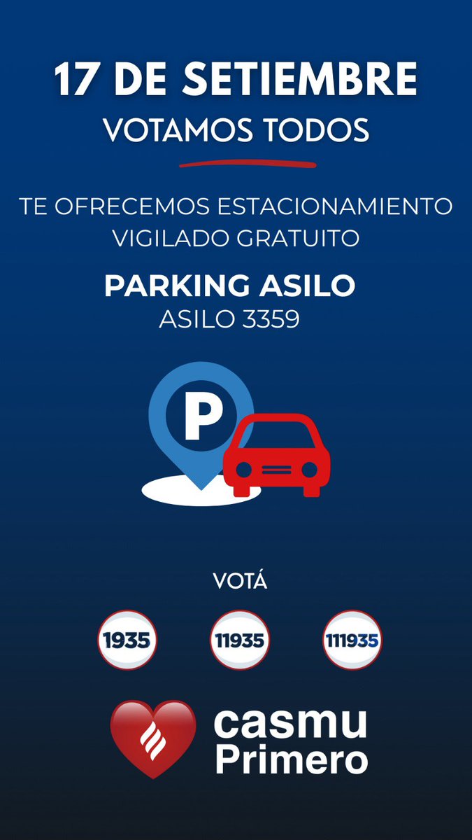 🗳️ Para el 17 de Setiembre <a href="/CasmuPrimero/">CasmuPrimero</a> ofrece locomoción gratuita, envía mensaje al 091964603 y te pasamos a buscar.

🅿️ *Estacionamiento gratuito:* en Parking Asilo (Asilo 3359) una vez votes pasa por el gazebo de Casmu Primero para que te sellemos tu ticket.