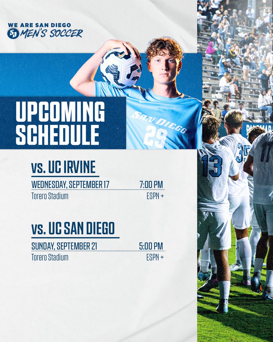 Back in action this week against a pair of So Cal foes! 

Pack the stands at Torero Stadium to cheer us on! 😎

🎟️bit.ly/4nbH5Re

#GoToreros