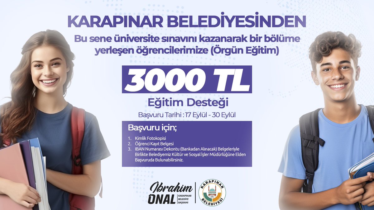 🎓 İLÇEMİZ GENÇLERİNİN EĞİTİM YOLCULUĞUNA DESTEK OLMAYI SÜRDÜRÜYORUZ

İlçemizde üniversite sınavını kazanarak herhangi bir bölüme yerleşen öğrencilerimize 3000 TL eğitim desteği veriyoruz. Çünkü biliyoruz ki, eğitime yapılan her yatırım, geleceğimize yapılan en değerli