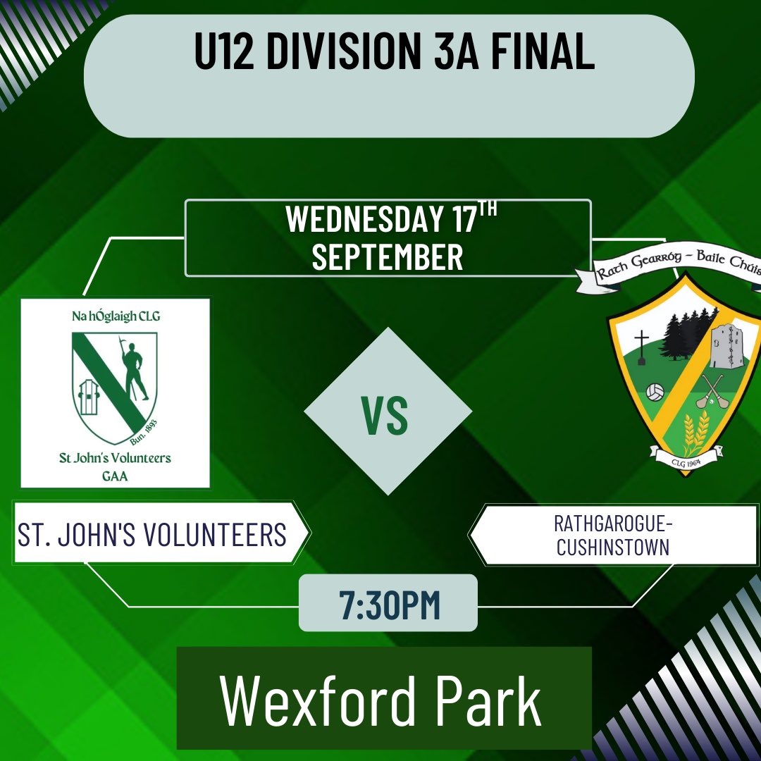 Best wishes to our U12 team who take on Rathgarogue-Cushinstown in the Division 3A final tomorrow evening at 7:30in Wexford Park!

Tickets can be bought through the following link:

wexfordgaa.ie/tickets/

Get out &amp; support if you can!

Don’t forget to wear your club colours!💚