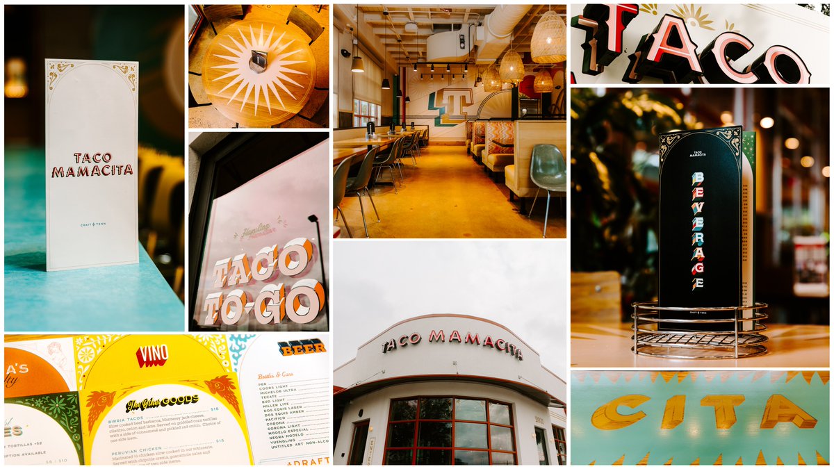 The Taco Mamacita brand has opened a new location in Hamilton Place (in early 2024). Our team has continued to expand on the new brand we built for them in Nashville with stylish environmental graphics, hand painted sign designs, print materials and more. Photos © Zach Camp.