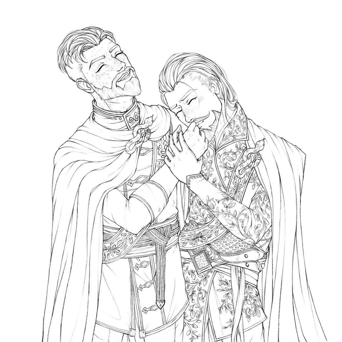 Starwick_'s tweet photo. Commission for @/luckygolightly of their wonderful Oscar and Dorian! I loved drawing them, they’re so cute together and I love all their lore you shared with me 🥹! Thank you again!! #dragonage #dorianpavus #pavelyan #dragonageinquisition #commission #digitalart #illustration https://t.co/QE85HPqEes