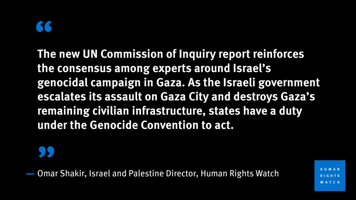 The new UN Commission of Inquiry report on genocide in Gaza should remove any doubt that states are bound under the Genocide Convention to act as Palestinians face mass extermination &amp; ethnic cleansing amid Israel's intensifying genocidal campaign in Gaza. <a href="/hrw/">Human Rights Watch</a>