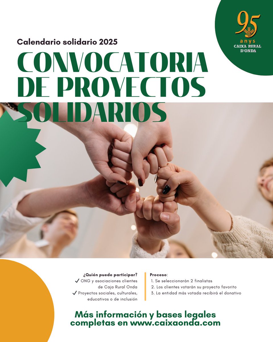 💚 Abrimos convocatoria: este año el calendario solidario de #CajaRuralOnda apoyará a una ONG o asociación. 🌍
Si quieres que tu proyecto sea el beneficiado, ¡preséntalo ya! caixaonda.com/sites/default/…

#Solidaridad #CompromisoLocal