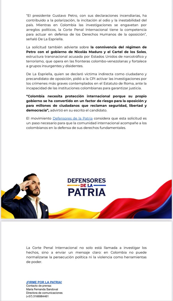 🔵  Abelardo de la Espriella, precandidato presidencial, interpuso una denuncia ante la Corte Penal Internacional (CPI) en contra del presidente Gustavo Petro, por hechos relacionados con el asesinato de Miguel Uribe Turbay. 

🔹️ “El presidente Gustavo Petro, con sus